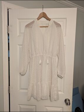 White Swiss Dot Long Sleeve Tiered Mini Dress